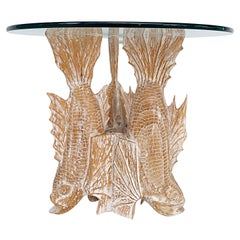 Vintage Hand-Carved Wooden Fish Accent Table with Glass Top