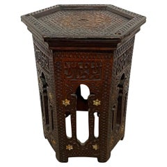 Vintage Hand-Carved Wooden Hexagonal Side Table with Calligraphy and Inlay