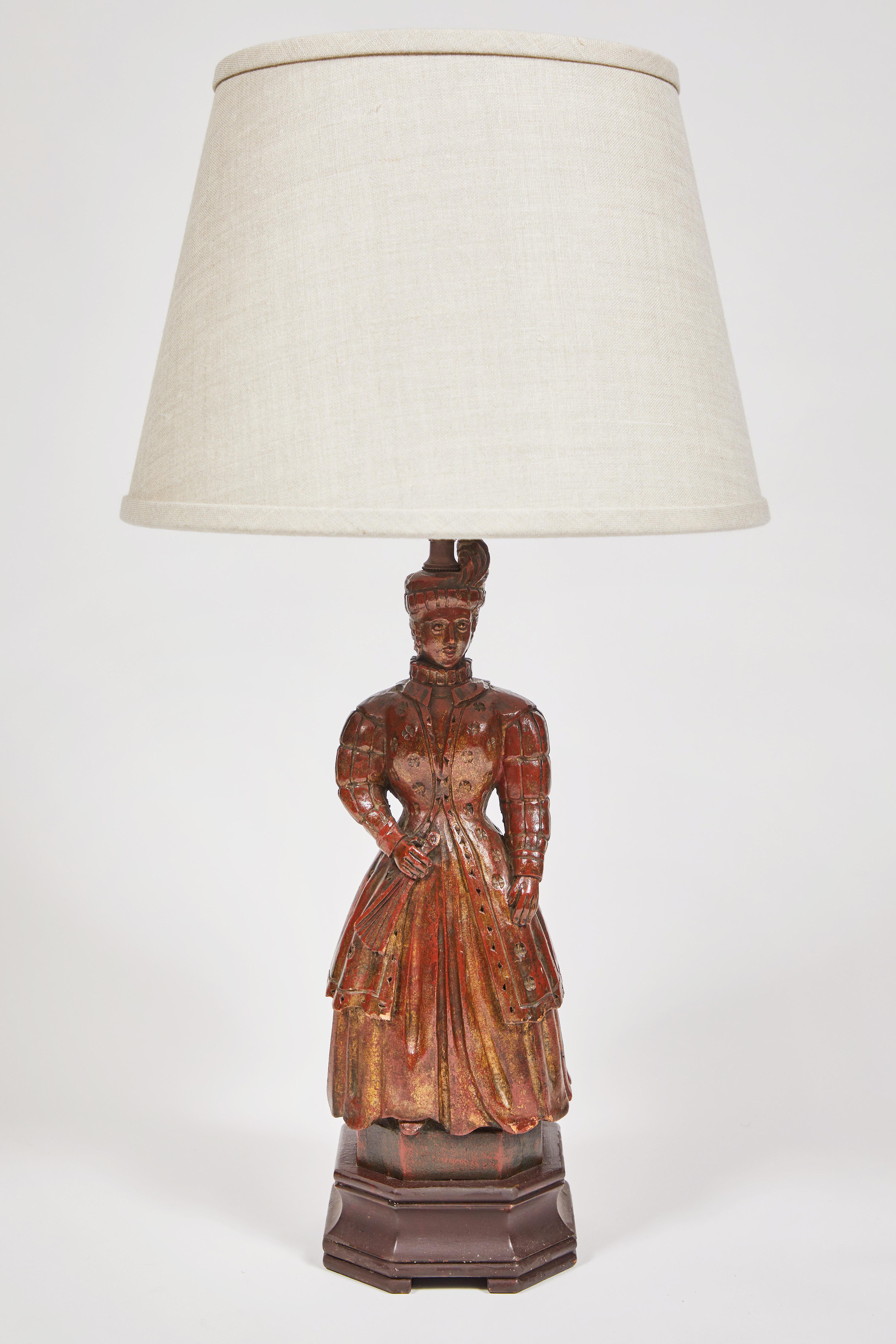 Hand-Carved Vintage Hand Carved Wooden Lamp of an Elizabethan Lady with Fan