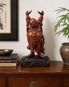 Vintage Hand-Carved Wooden Laughing Buddha Budai Sculpture on Carved Base, 1970s