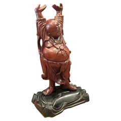 Vintage Hand-Carved Wooden Laughing Buddha Budai Sculpture on Carved Base, 1970s