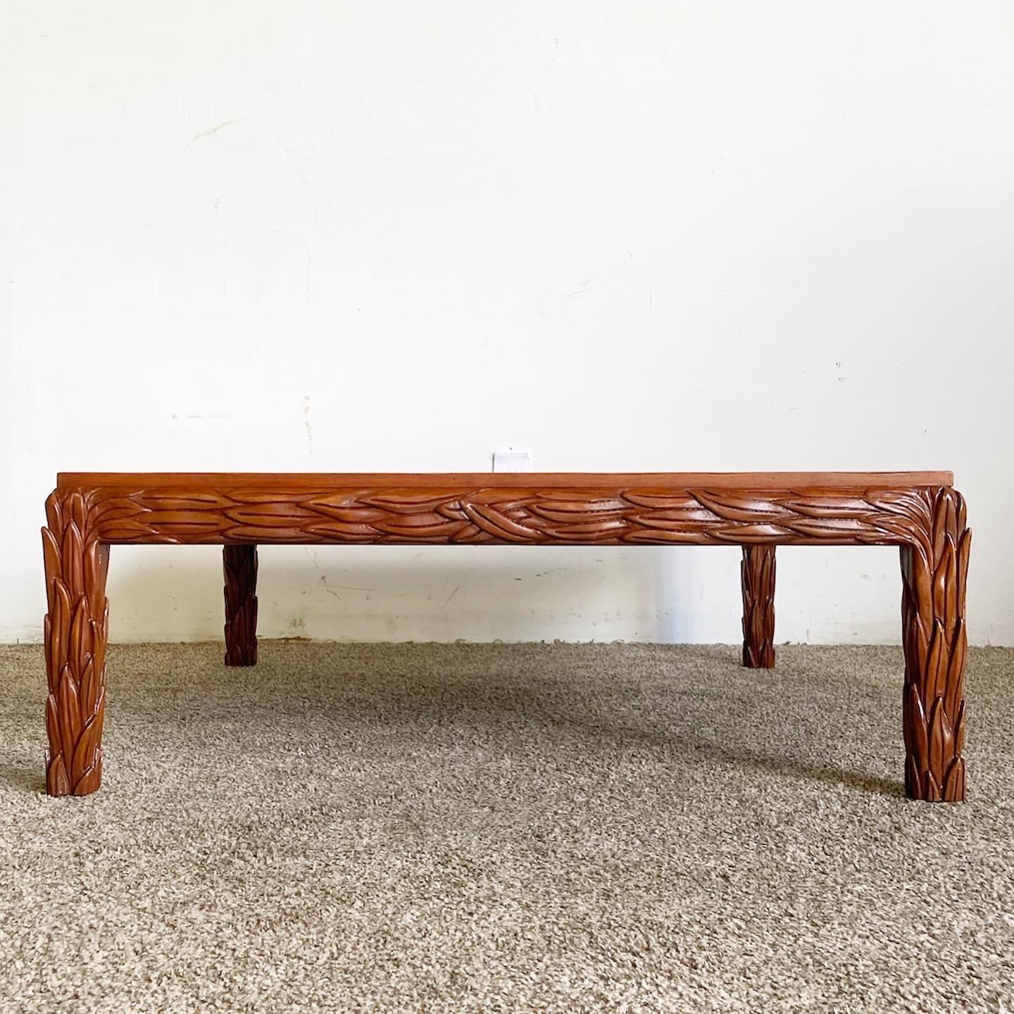 Vintage Hand Carved Wooden Leaves Square Coffee Table In Good Condition For Sale In Delray Beach, FL