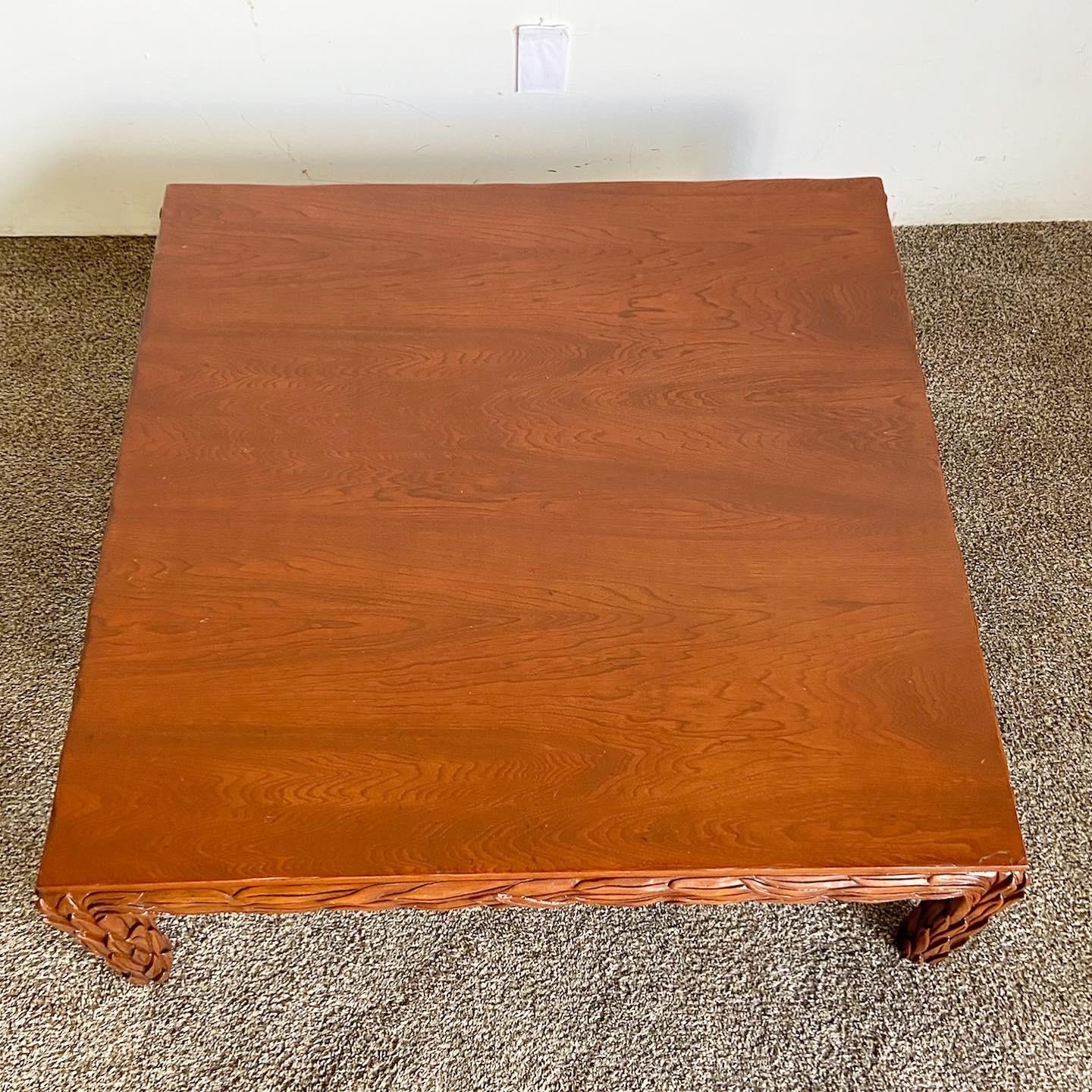 Late 20th Century Vintage Hand Carved Wooden Leaves Square Coffee Table For Sale