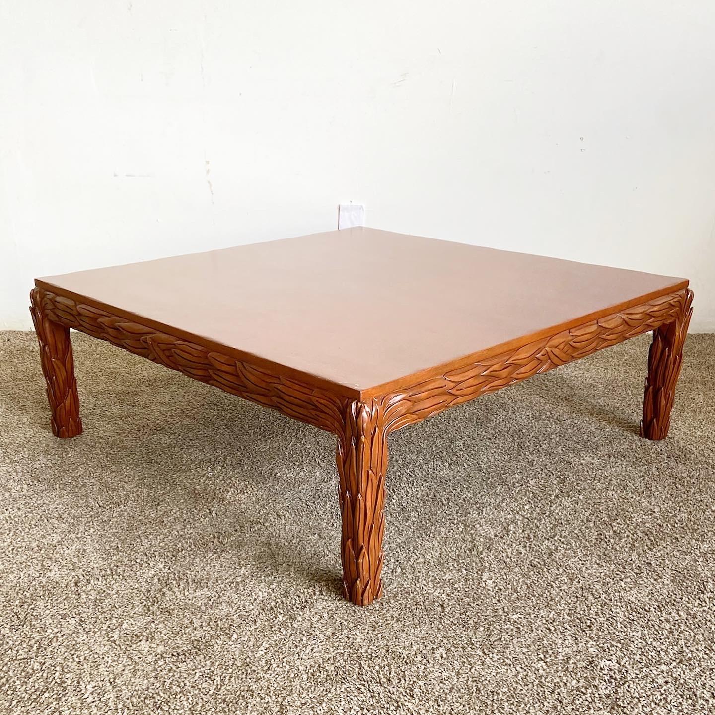 Vintage Hand Carved Wooden Leaves Square Coffee Table For Sale 1