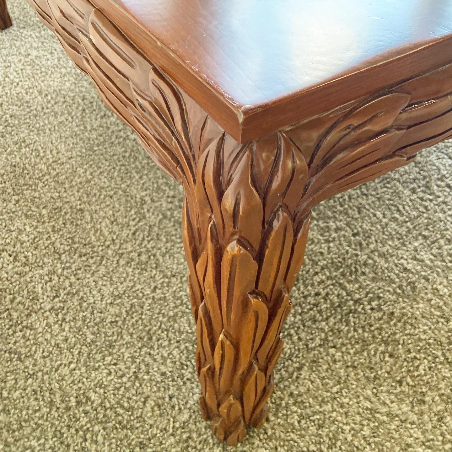 Vintage Hand Carved Wooden Leaves Square Coffee Table For Sale 4