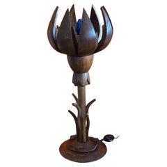 Vintage Hand-Carved Wooden Lotus Flower Table Lamp, Organic Modern Studio Craft