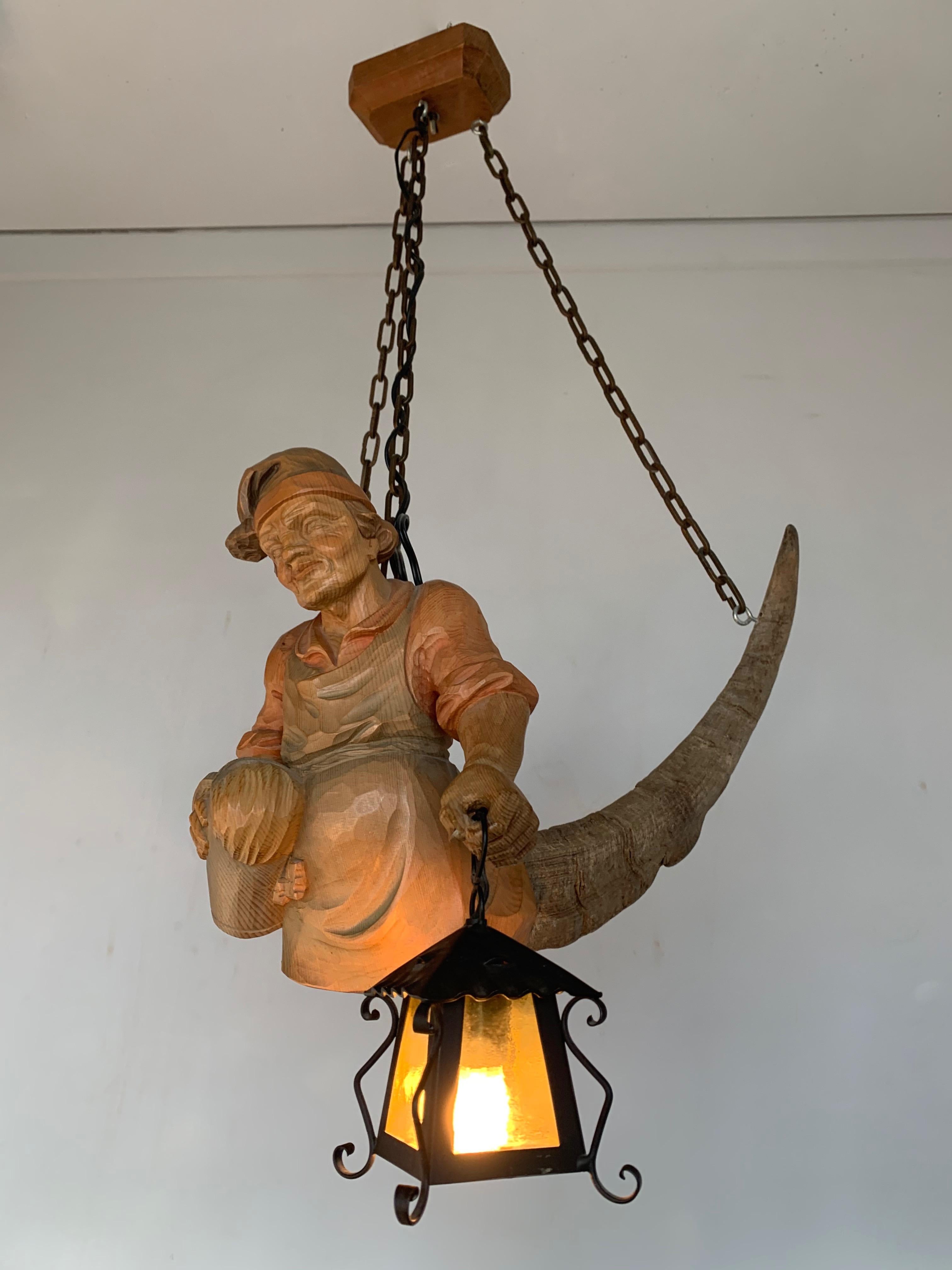 Vintage Hand Carved Wooden Lustermanchen Sculpture Chandelier W. Lantern Light 4