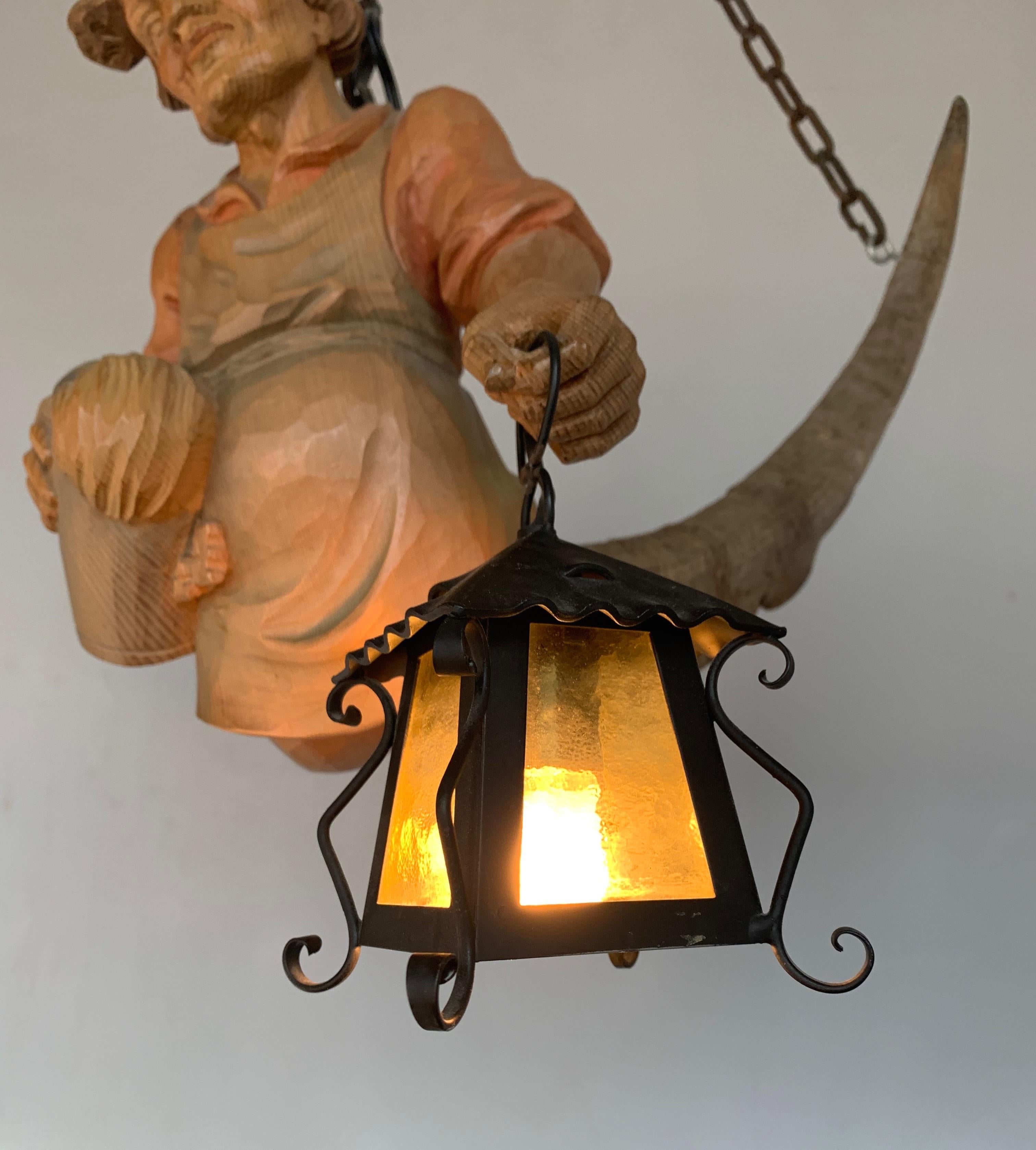Vintage Hand Carved Wooden Lustermanchen Sculpture Chandelier W. Lantern Light 5