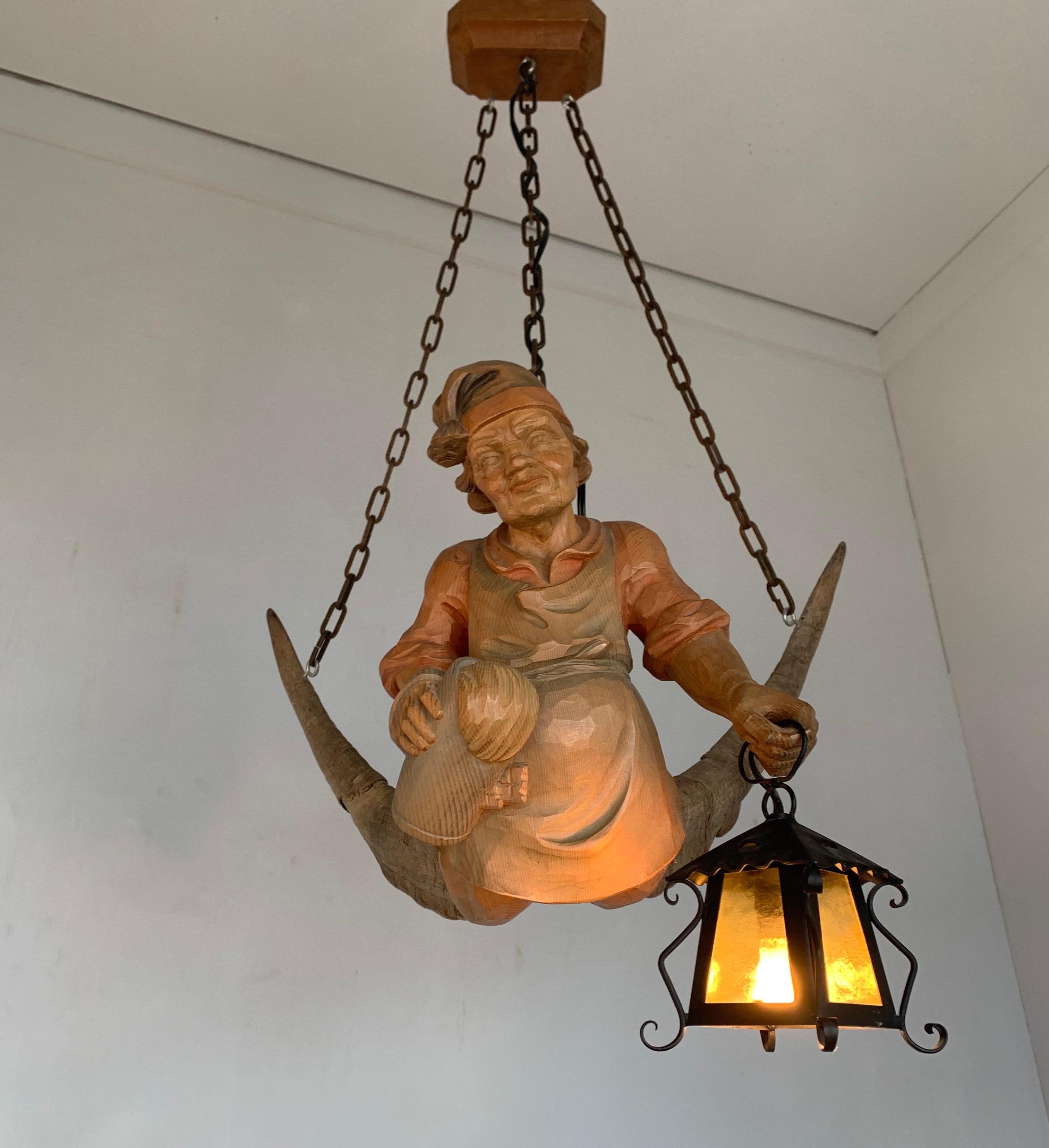 Vintage Hand Carved Wooden Lustermanchen Sculpture Chandelier W. Lantern Light 6
