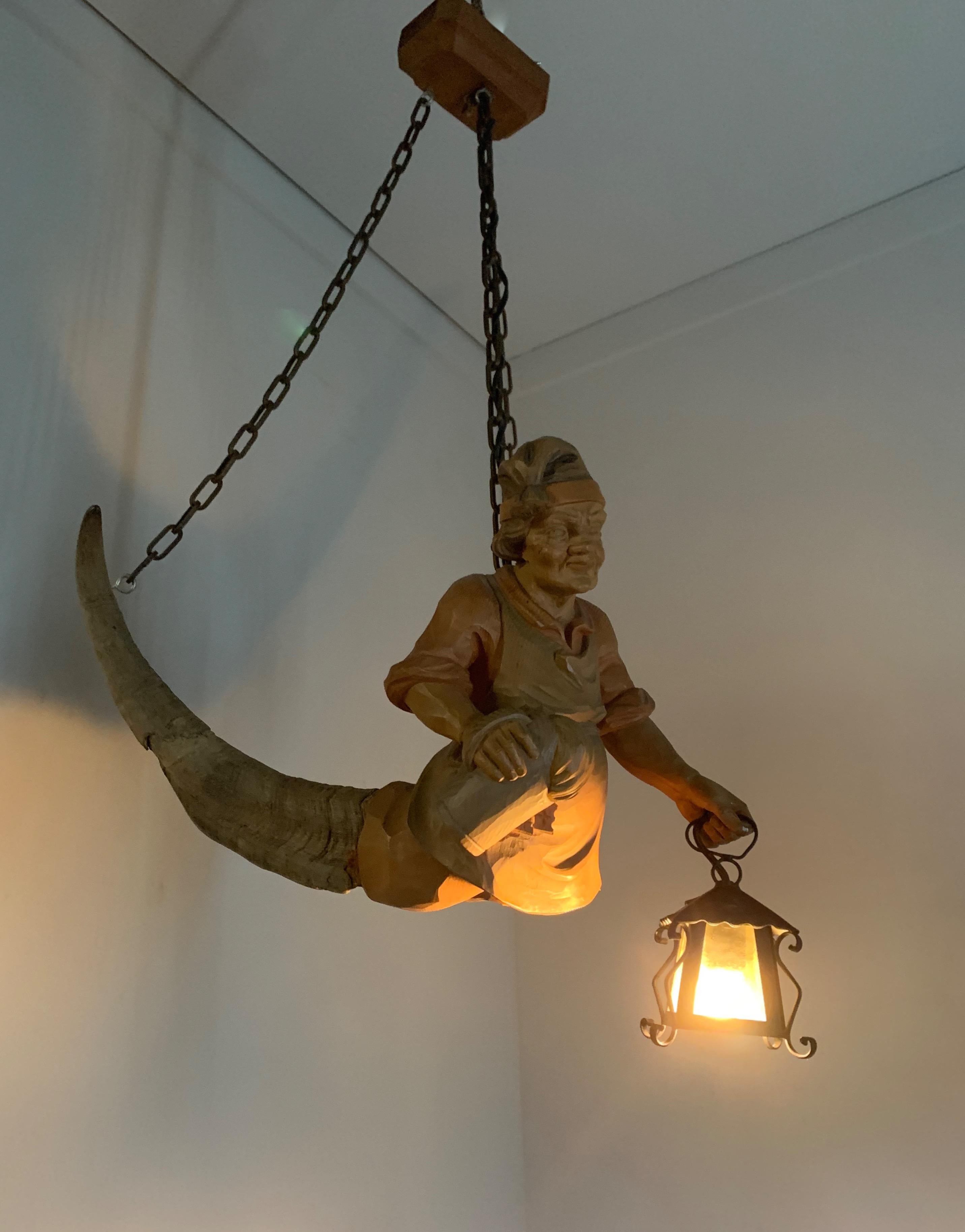 Vintage Hand Carved Wooden Lustermanchen Sculpture Chandelier W. Lantern Light 11
