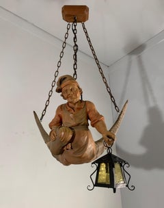 Vintage Hand Carved Wooden Lustermanchen Sculpture Chandelier W. Lantern Light