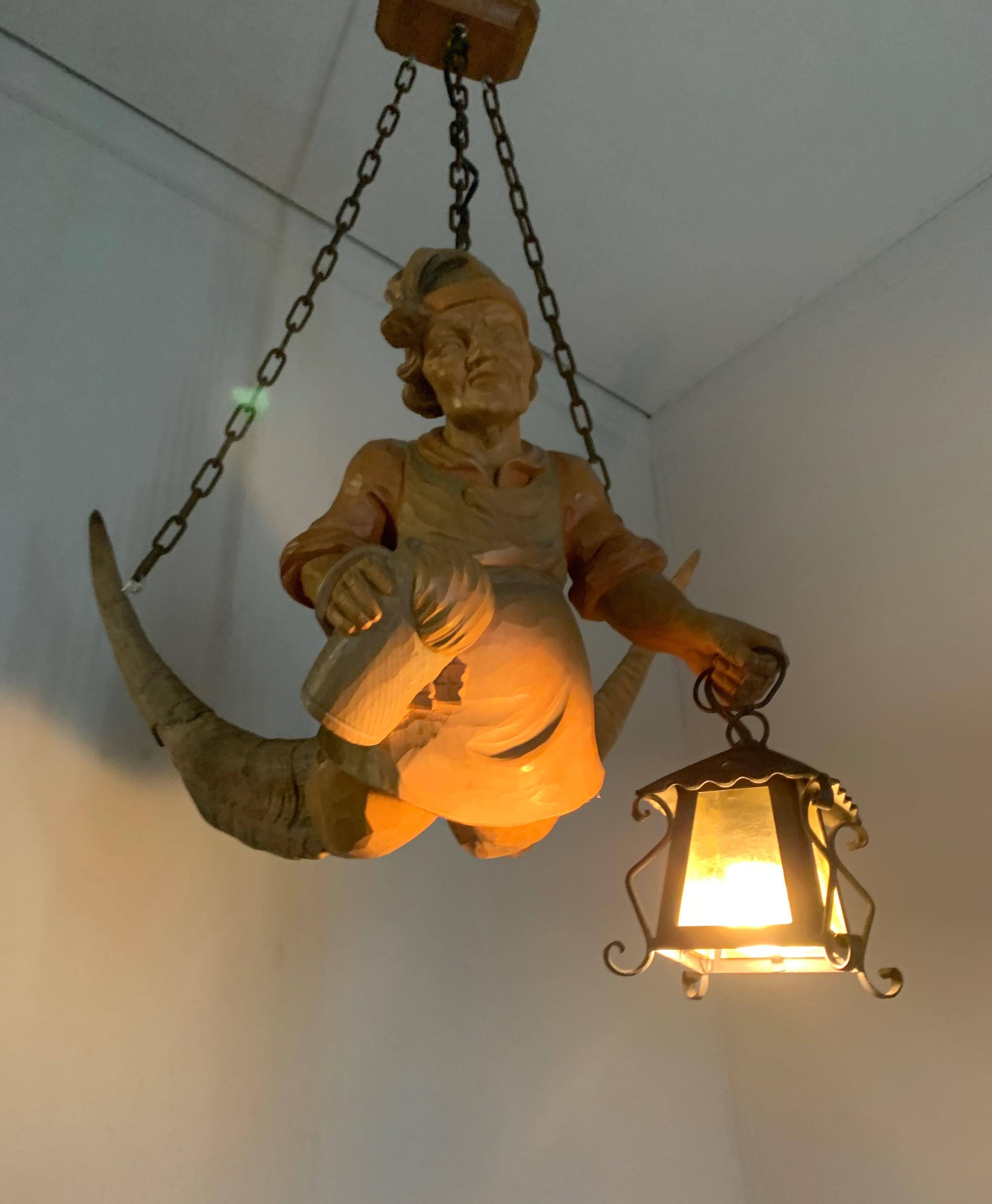Vintage Hand Carved Wooden Lustermanchen Sculpture Chandelier W. Lantern Light 12