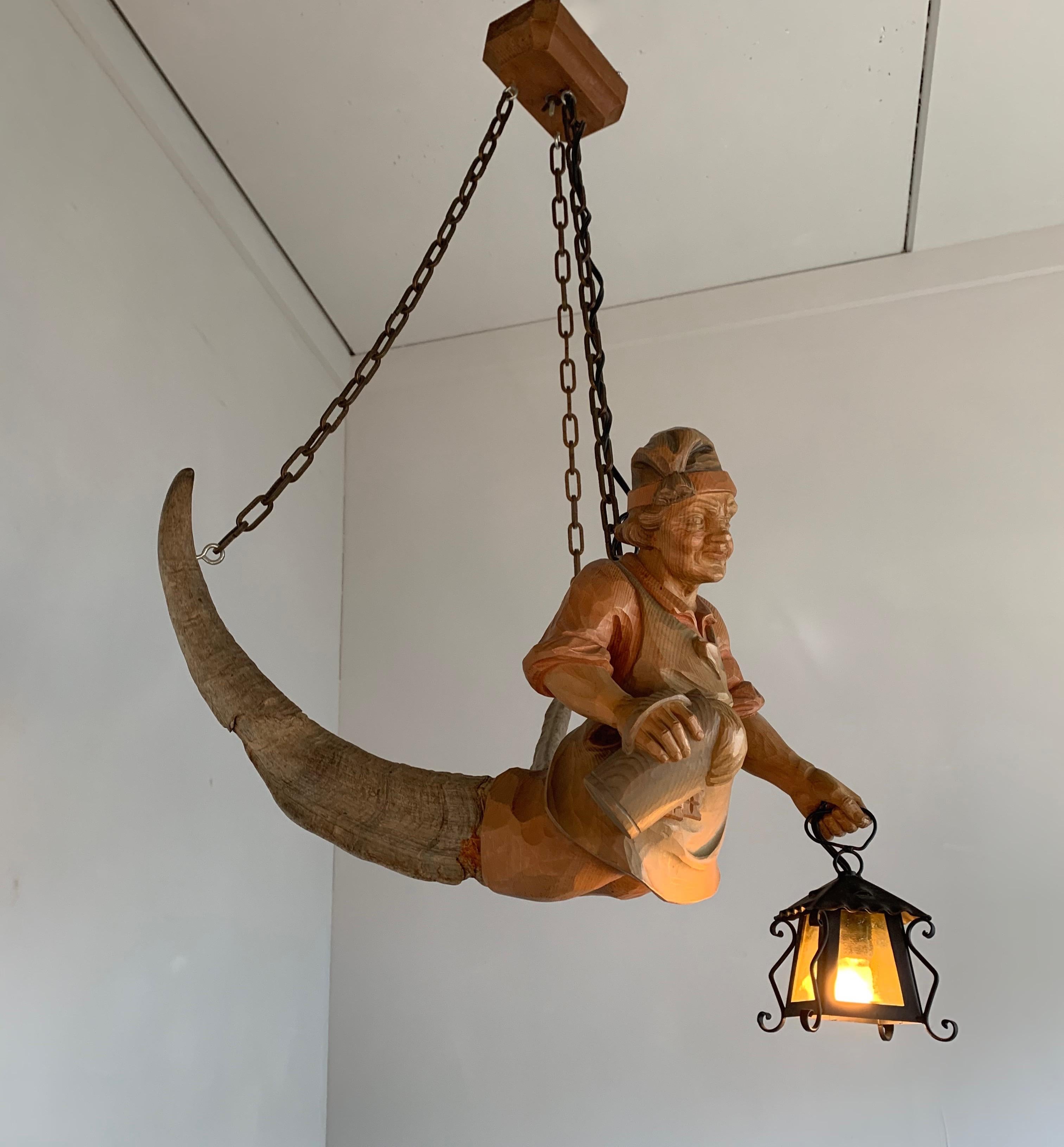 20th Century Vintage Hand Carved Wooden Lustermanchen Sculpture Chandelier W. Lantern Light
