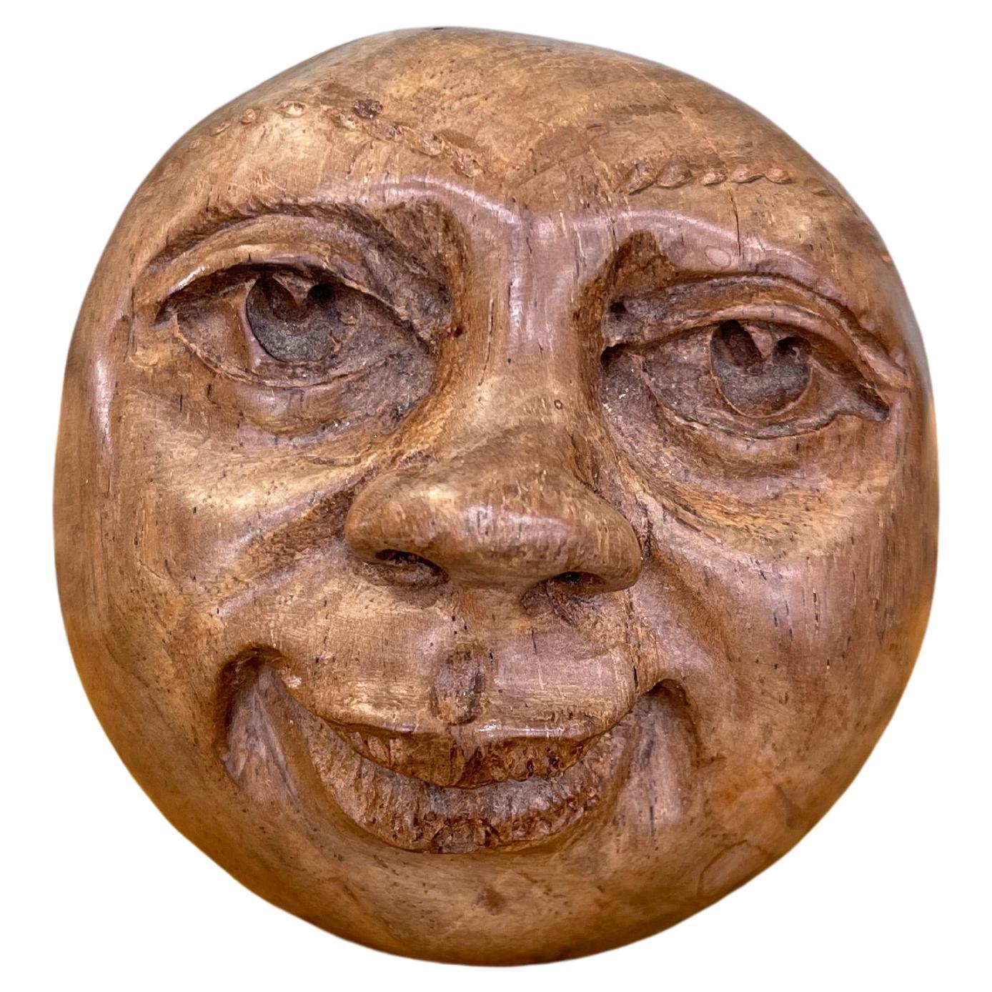 Vintage Hand-Carved Wooden Moon Face Sculpture - Signed Folk Art Sphere
