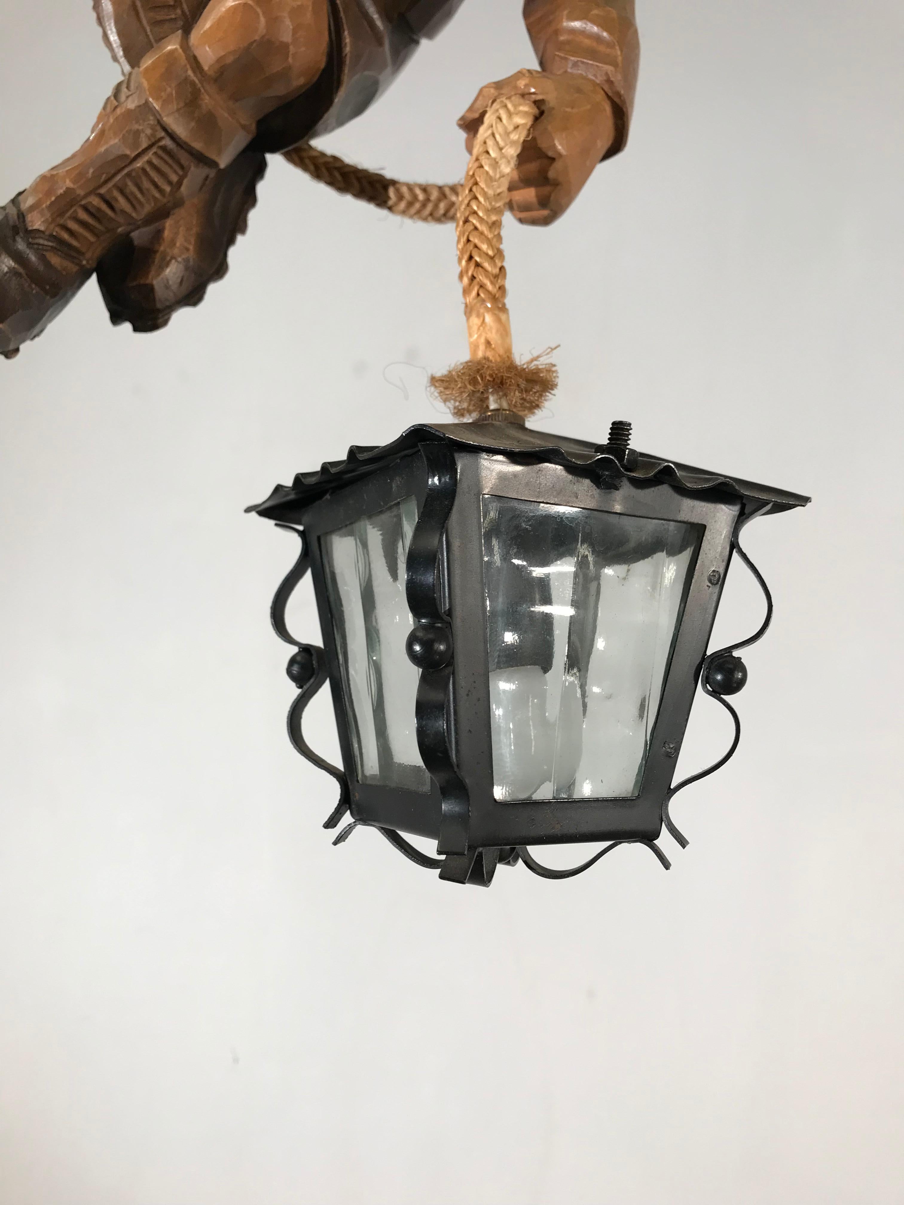 Black Forest Vintage Hand-Carved Wooden Mountaineer Sculpture Pendant Light with Lantern