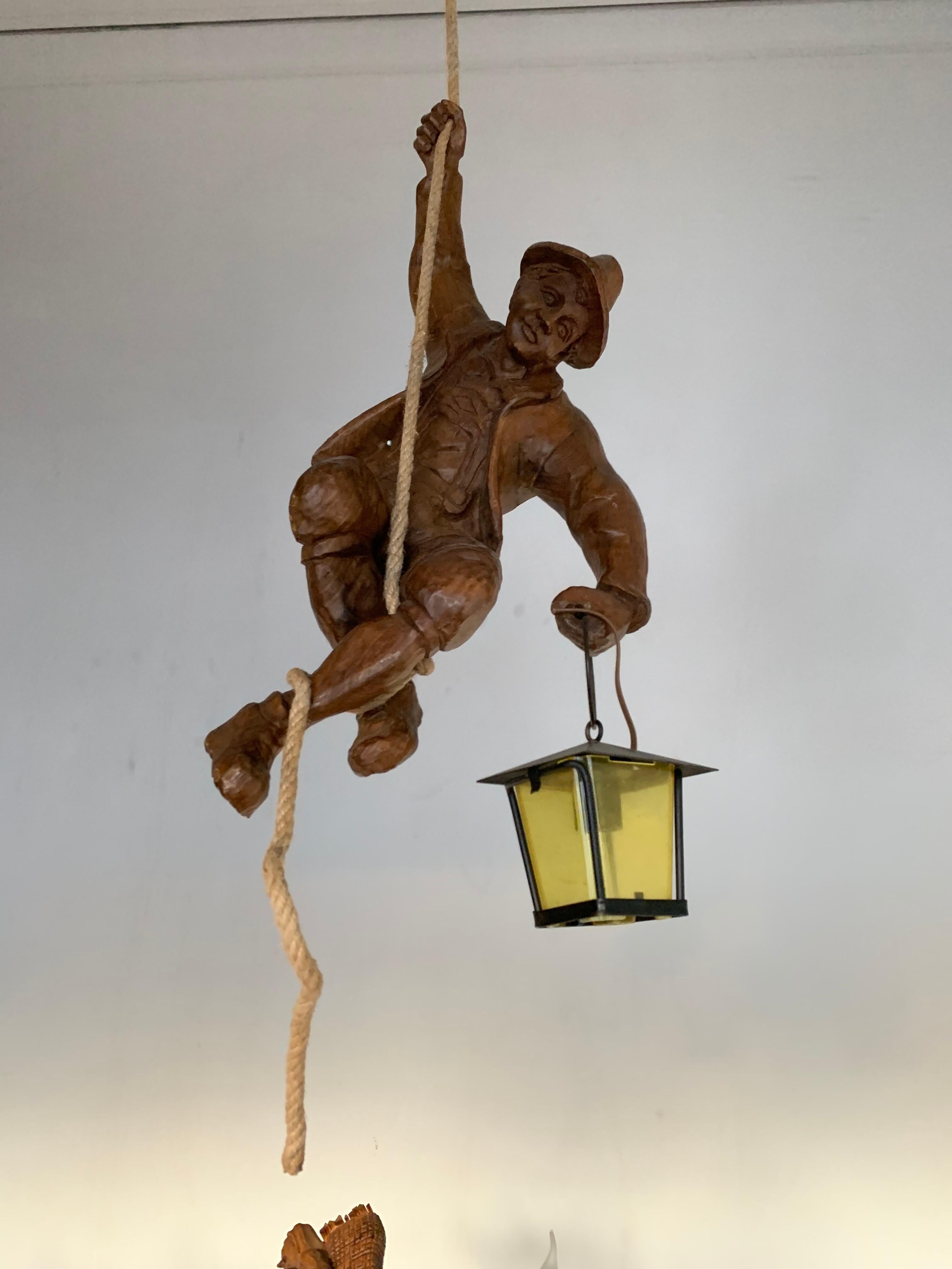 Austrian Vintage Hand Carved Wooden Mountaineer Sculpture Pendant Light with Lantern