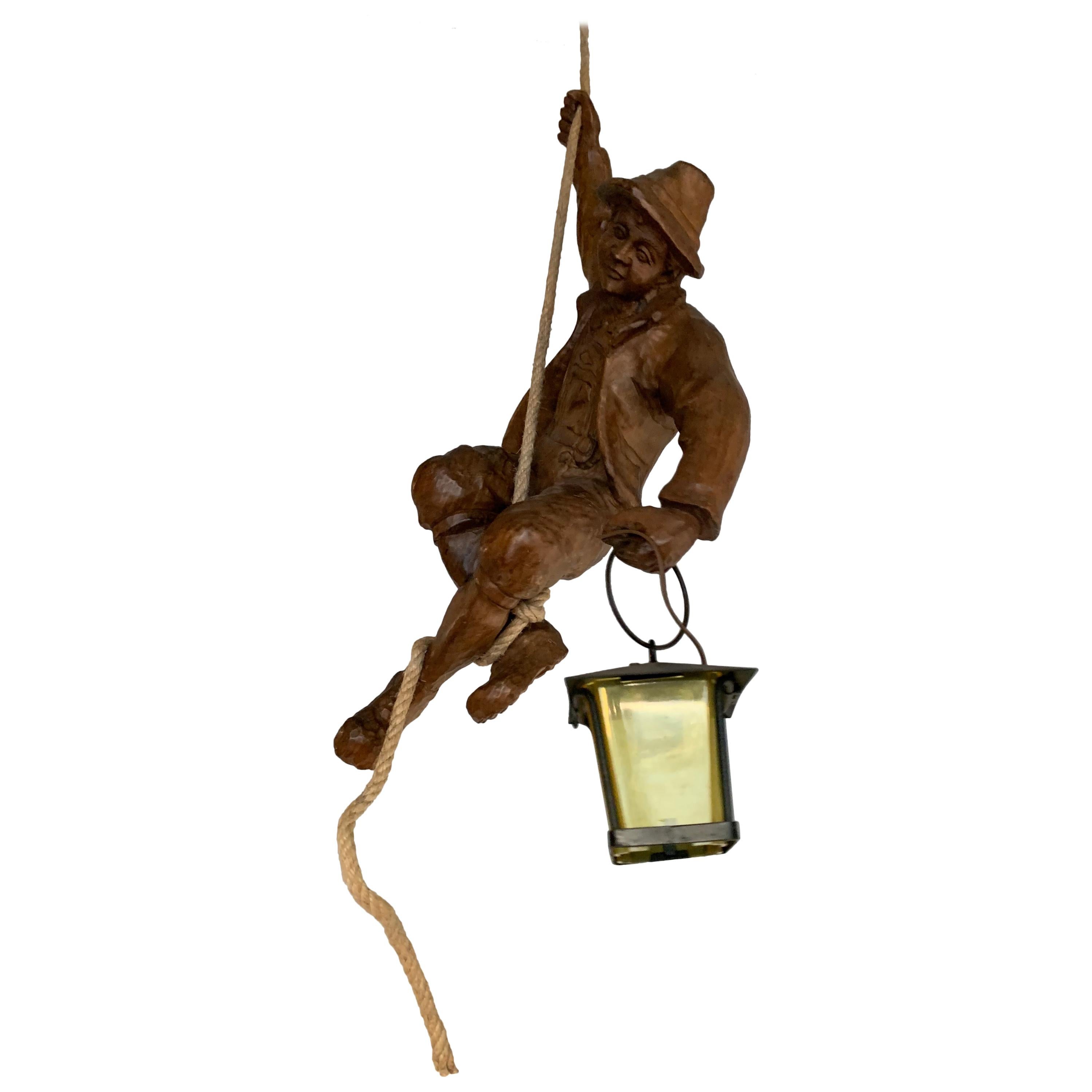 Vintage Hand Carved Wooden Mountaineer Sculpture Pendant Light with Lantern