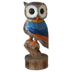 Vintage Hand Carved Wooden Owl Sculpture Portugal