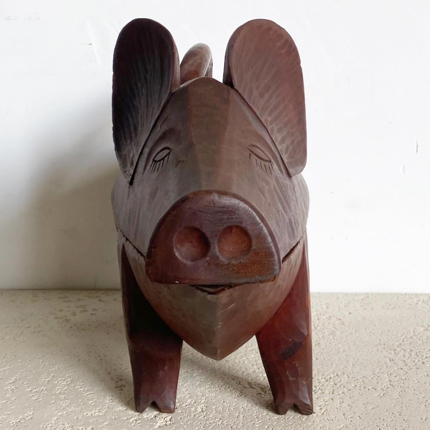 Bohemian Vintage Hand Carved Wooden Pig Container/Tray