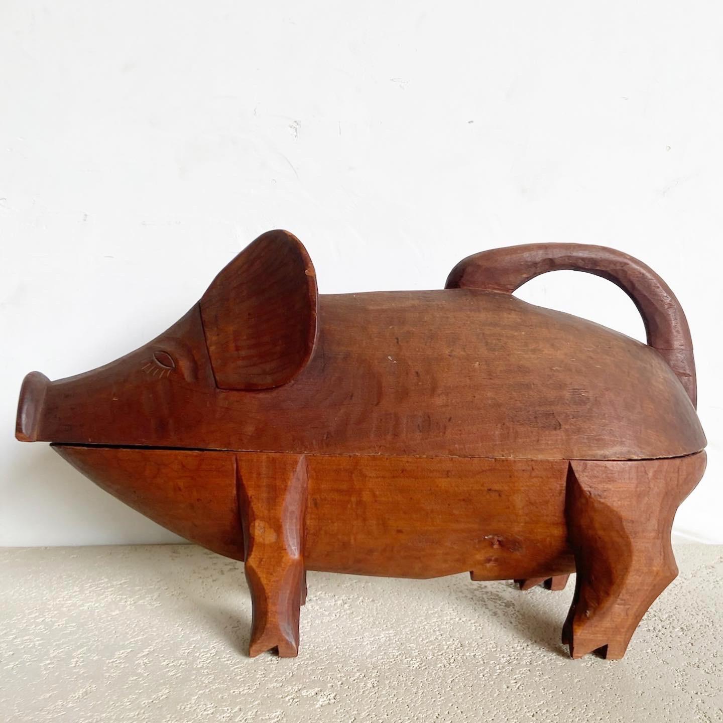 20th Century Vintage Hand Carved Wooden Pig Container/Tray