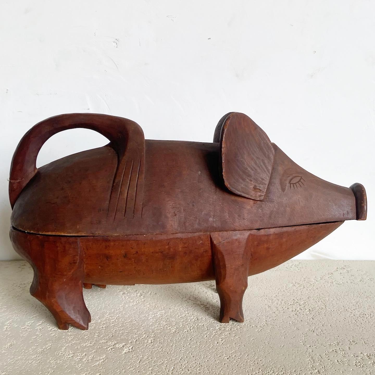 Vintage Hand Carved Wooden Pig Container/Tray 4