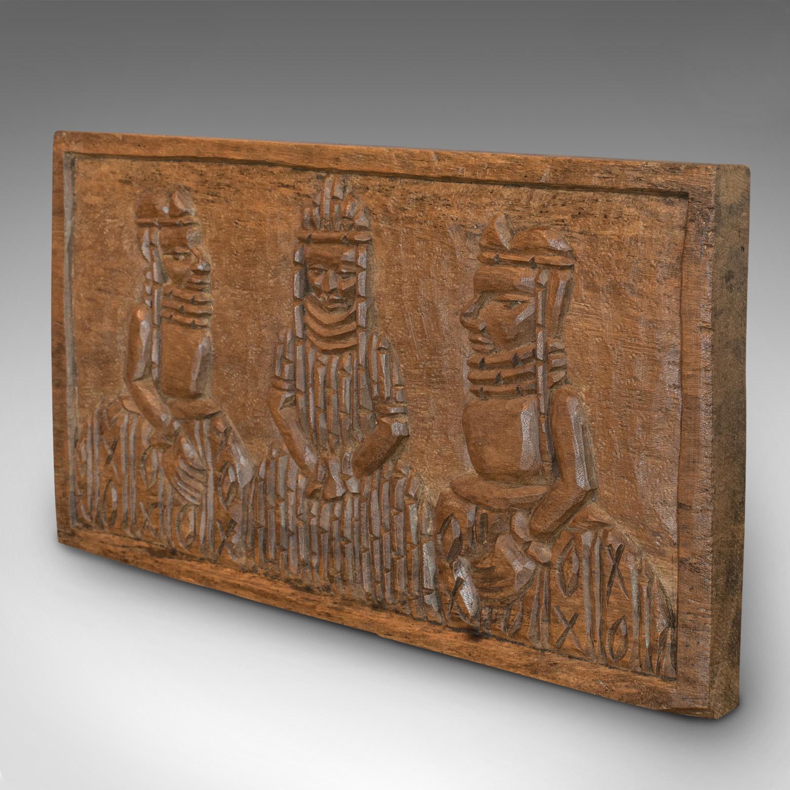 Hand-Carved Vintage Hand Carved Wooden Plaque, Asian, Hardwood, Decorative, Tribal Scene For Sale