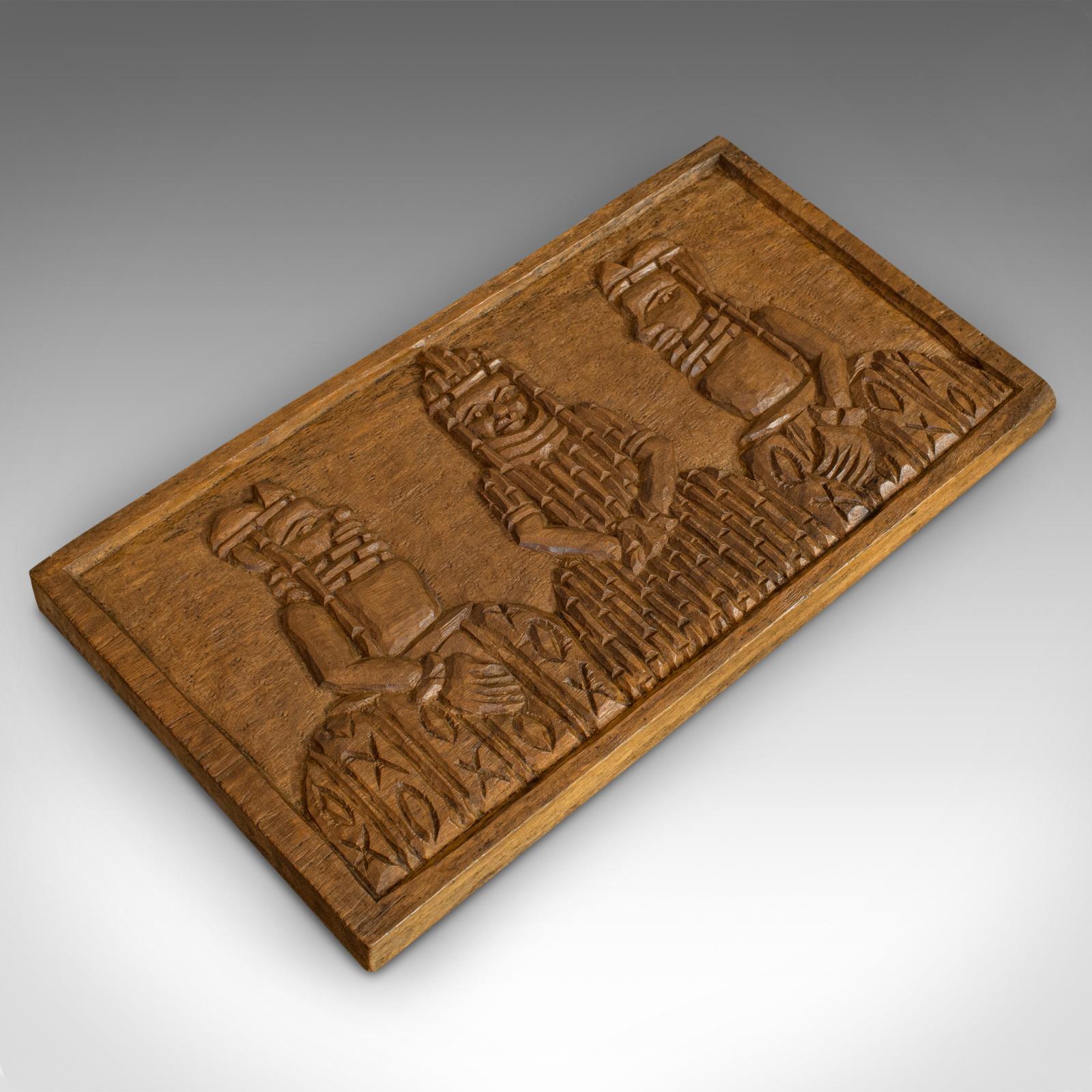 Vintage Hand Carved Wooden Plaque, Asian, Hardwood, Decorative, Tribal Scene In Good Condition For Sale In Hele, Devon, GB