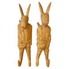 Crochets muraux vintage en bois sculpté à la main en forme de lapin, porte-manteaux, lot de deux, Philippines