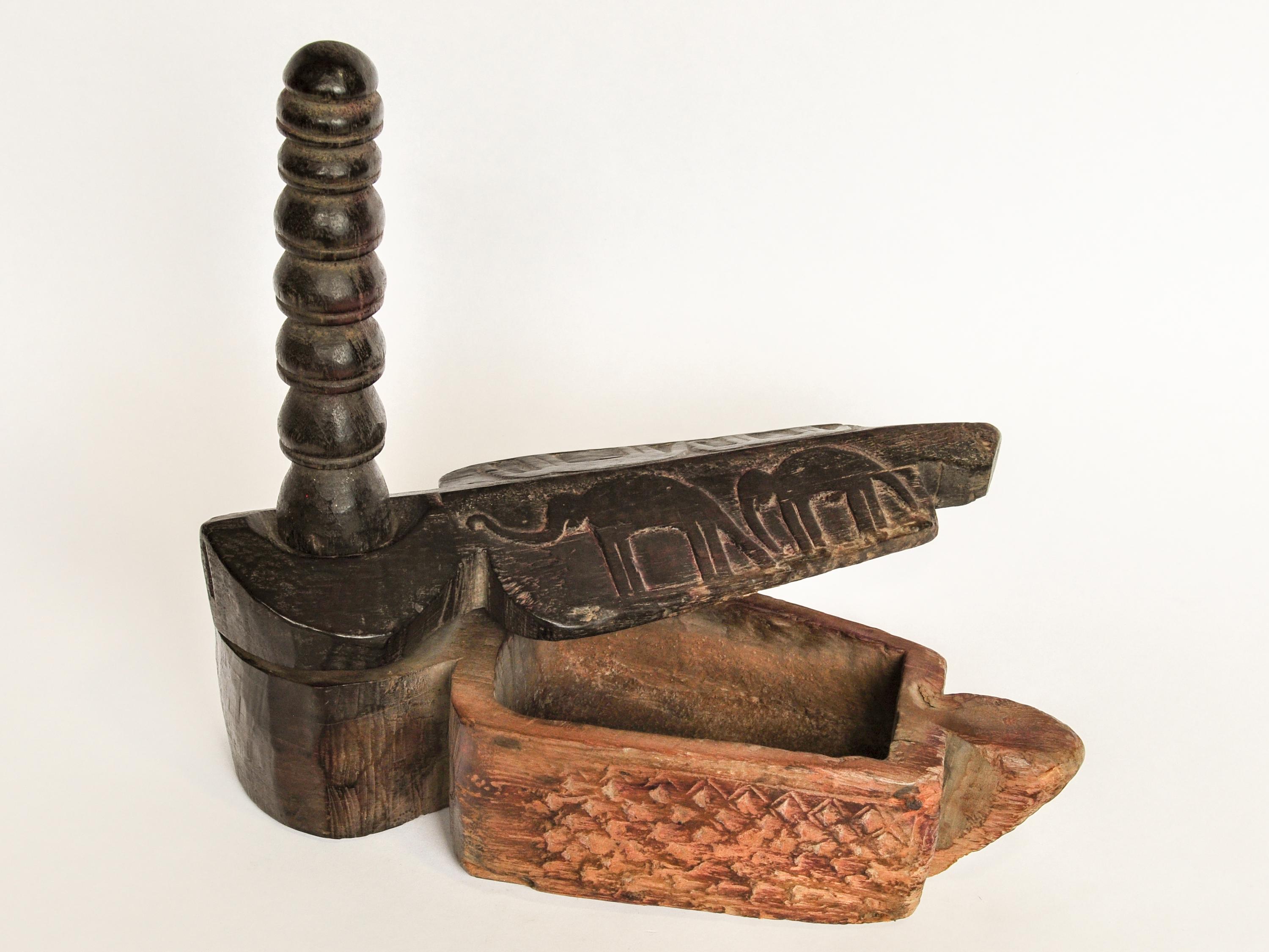 Hardwood Vintage Hand Carved Wooden Spice Box, Elephant Motif. Nepal, Mid-20th Century