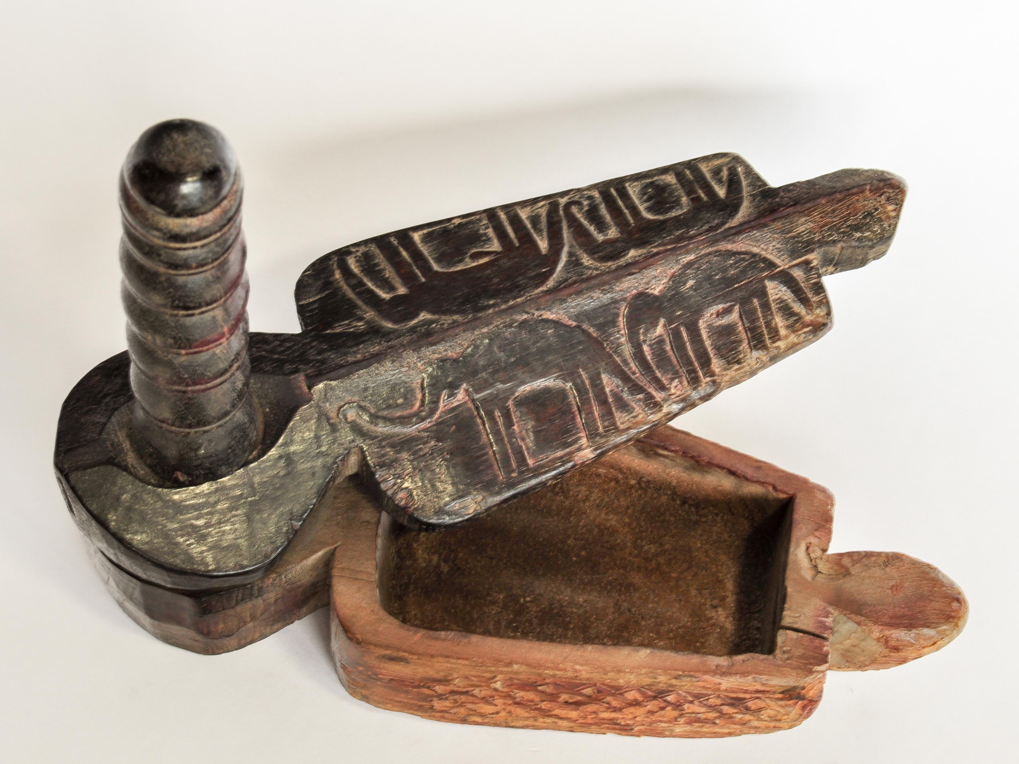 Vintage Hand Carved Wooden Spice Box, Elephant Motif. Nepal, Mid-20th Century 1