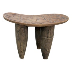 Vintage Hand-Carved Wooden Stool, Folk Art, African Design, 1950s