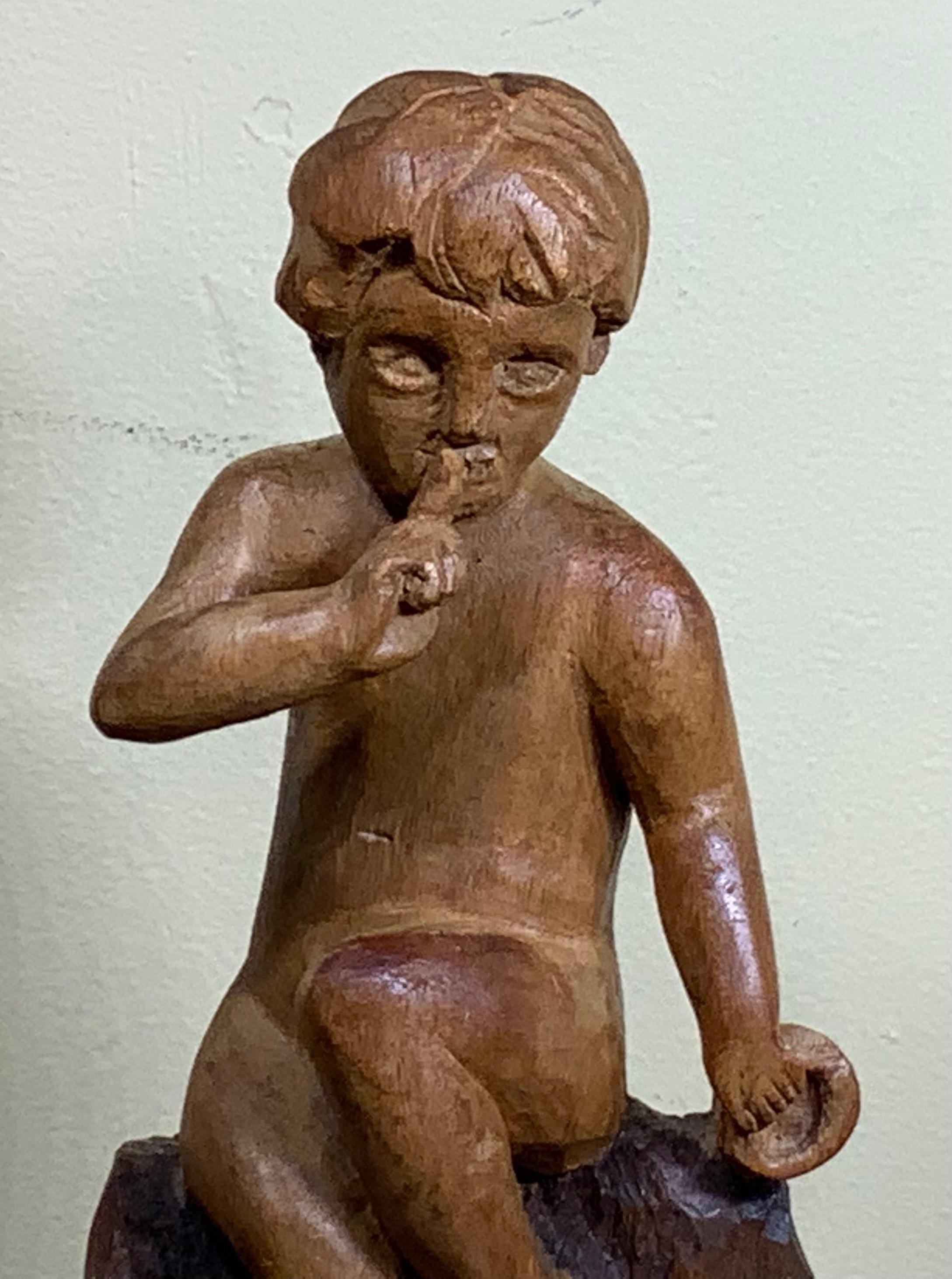 Vintage Hand Carving Sculpture of Sitting Kid For Sale 3