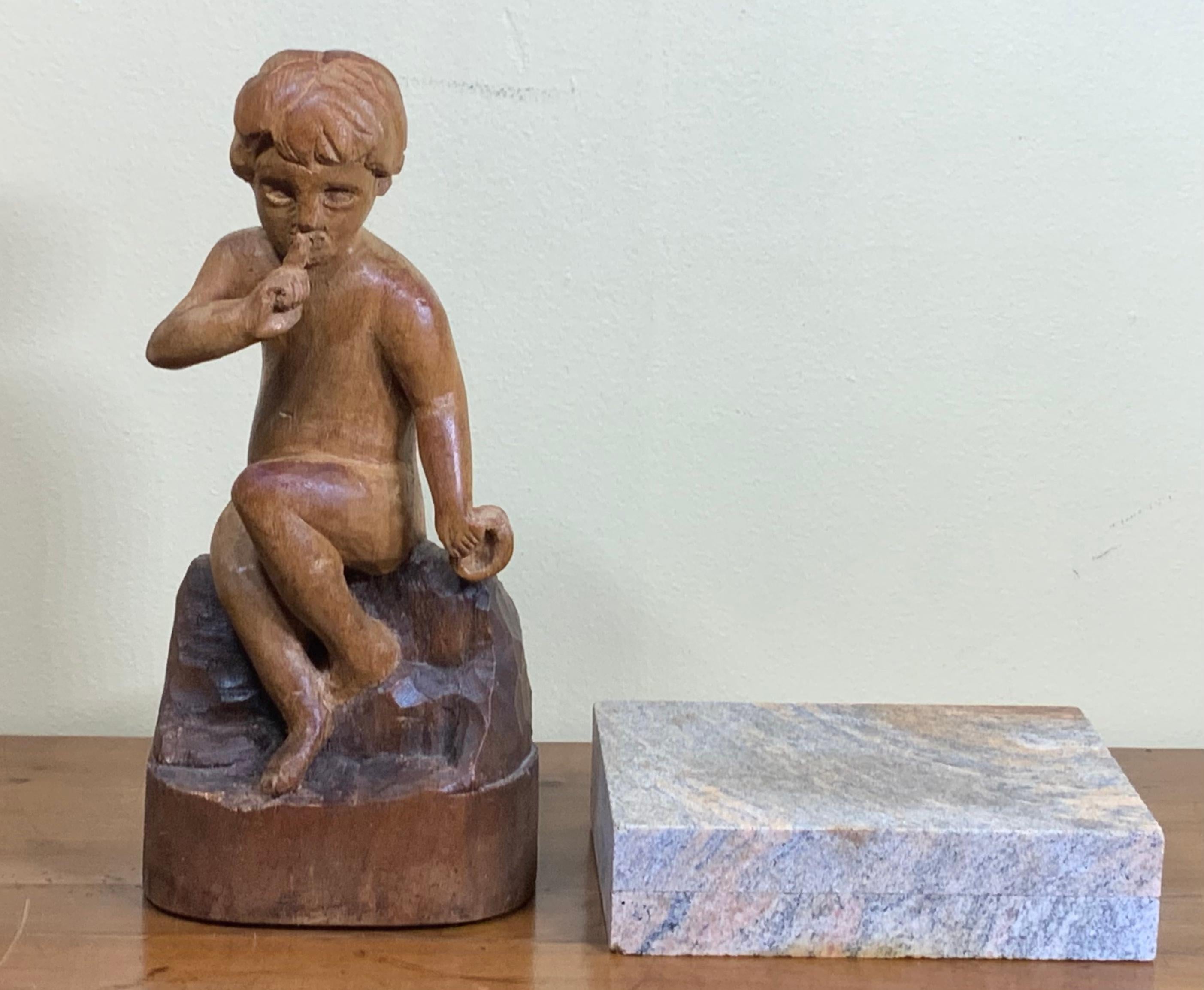 Vintage Hand Carving Sculpture of Sitting Kid For Sale 4