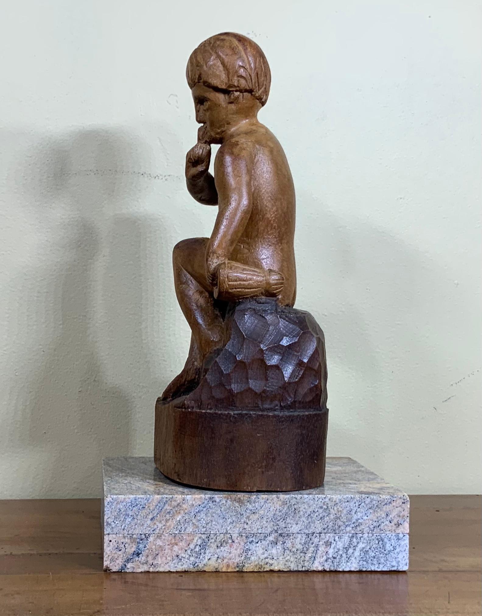 Unknown Vintage Hand Carving Sculpture of Sitting Kid For Sale