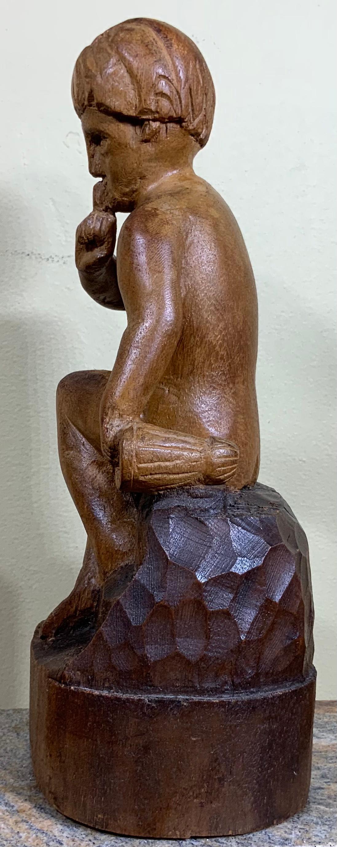 Hand-Carved Vintage Hand Carving Sculpture of Sitting Kid For Sale