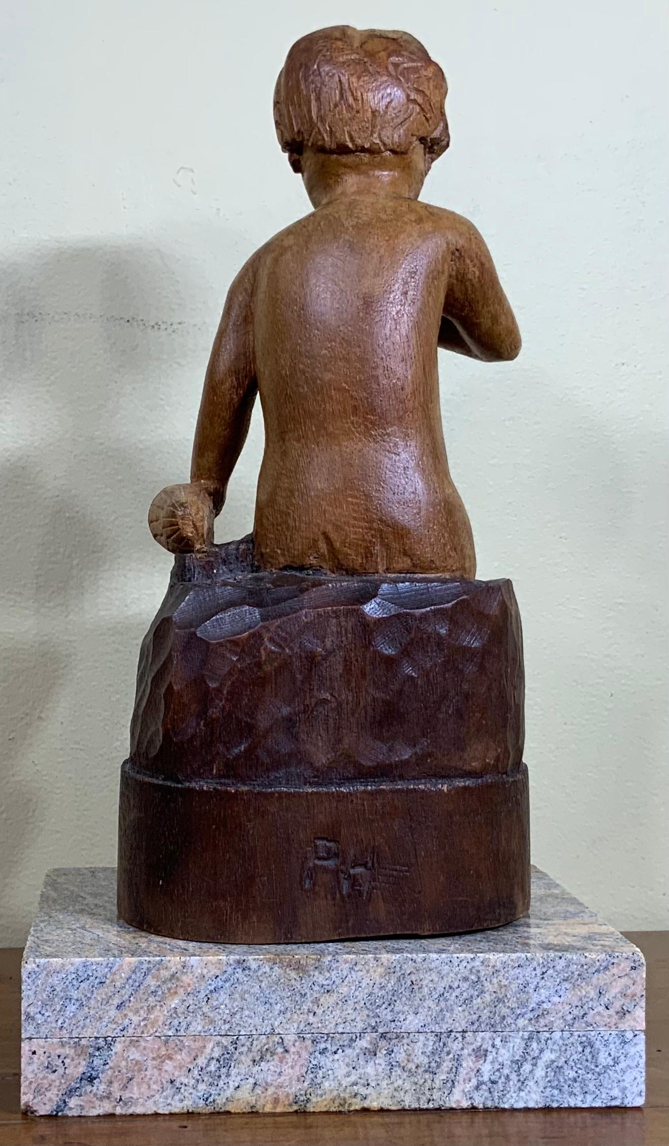 Vintage Hand Carving Sculpture of Sitting Kid In Good Condition For Sale In Delray Beach, FL