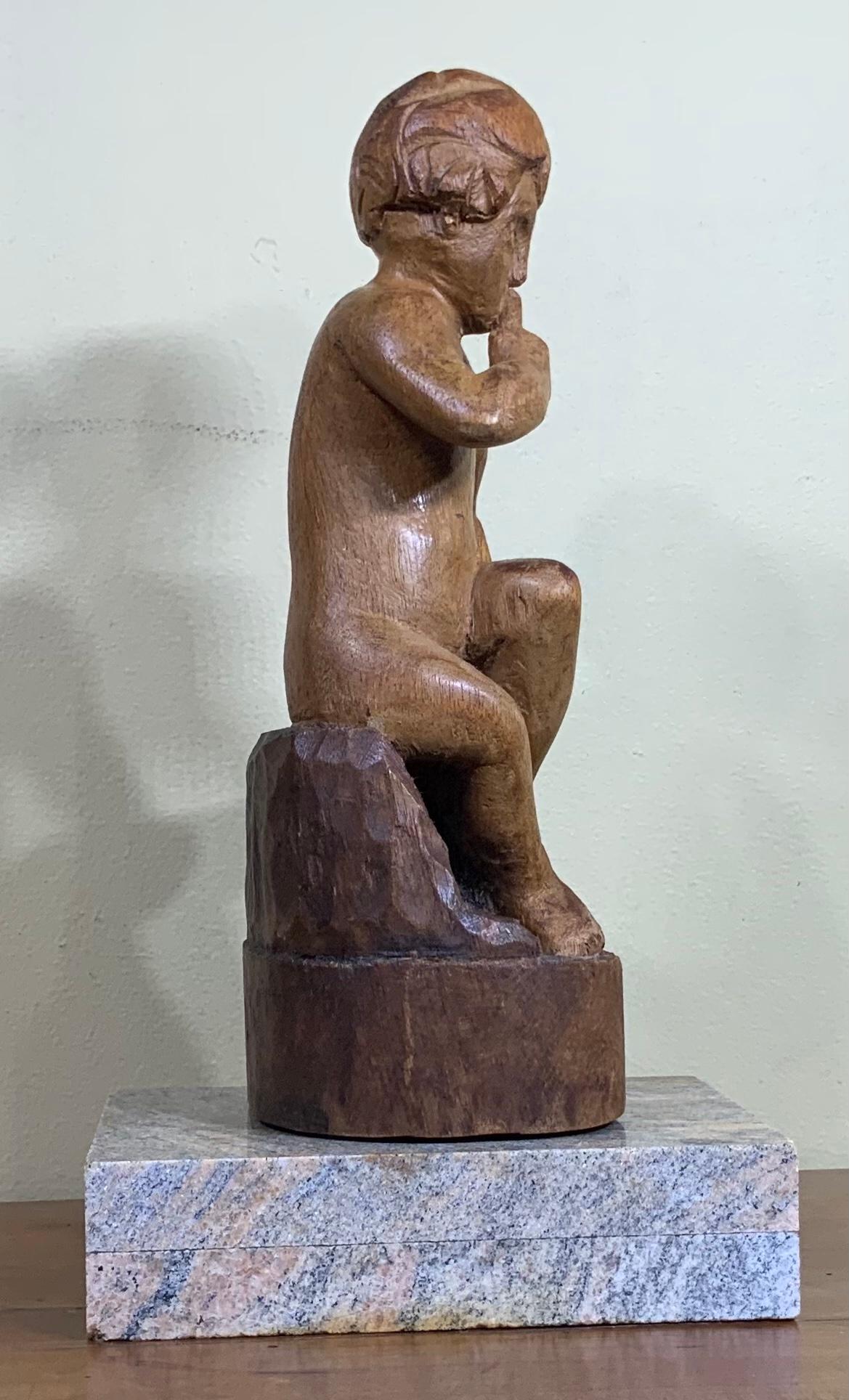 20th Century Vintage Hand Carving Sculpture of Sitting Kid For Sale