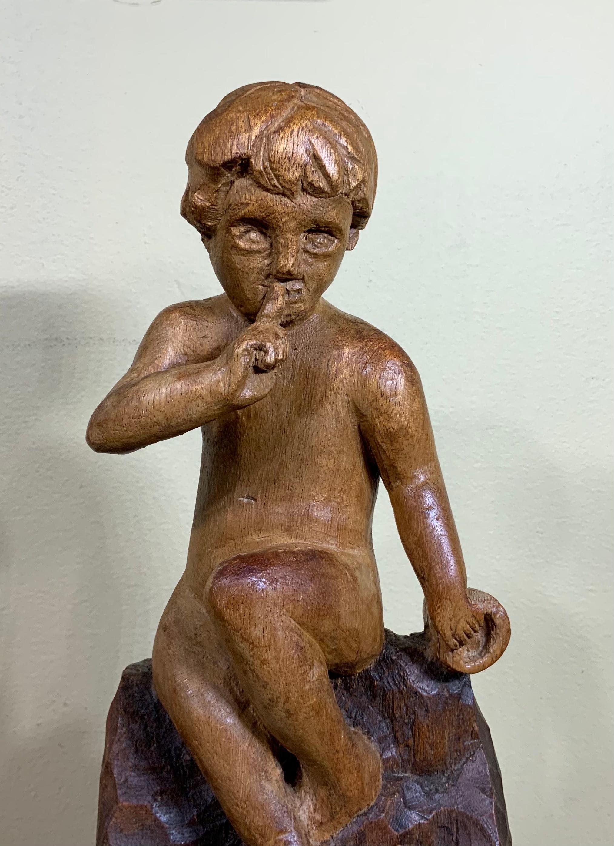 Vintage Hand Carving Sculpture of Sitting Kid For Sale 1