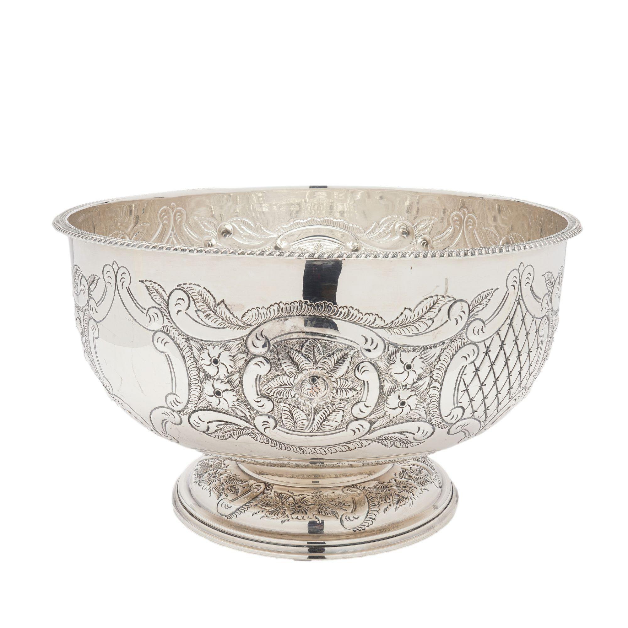 Sheffield Plate Vintage hand chased English Sheffield punch bowl & tray, c. 1900-50 For Sale