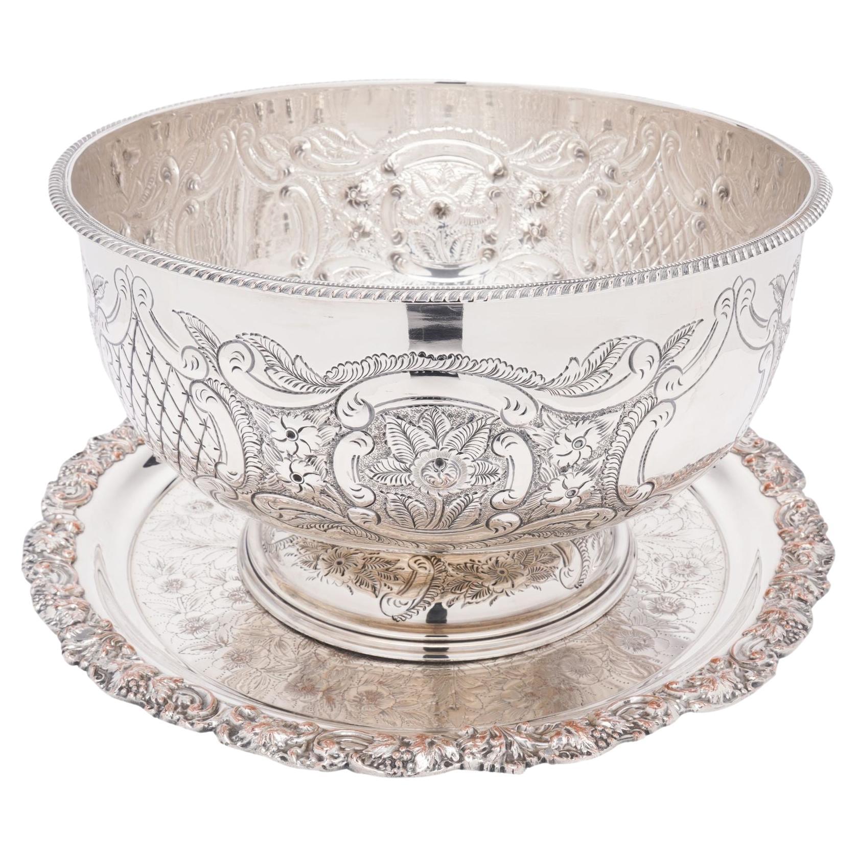 Vintage hand chased English Sheffield punch bowl & tray, c. 1900-50 For Sale
