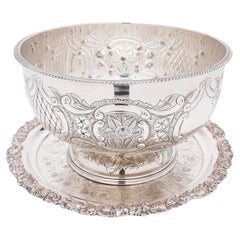 Vintage hand chased English Sheffield punch bowl & tray, c. 1900-50