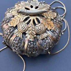 Vintage Hand Chased Oriental Hard Case Silver Box Purse Handbag Pumpkin Shape