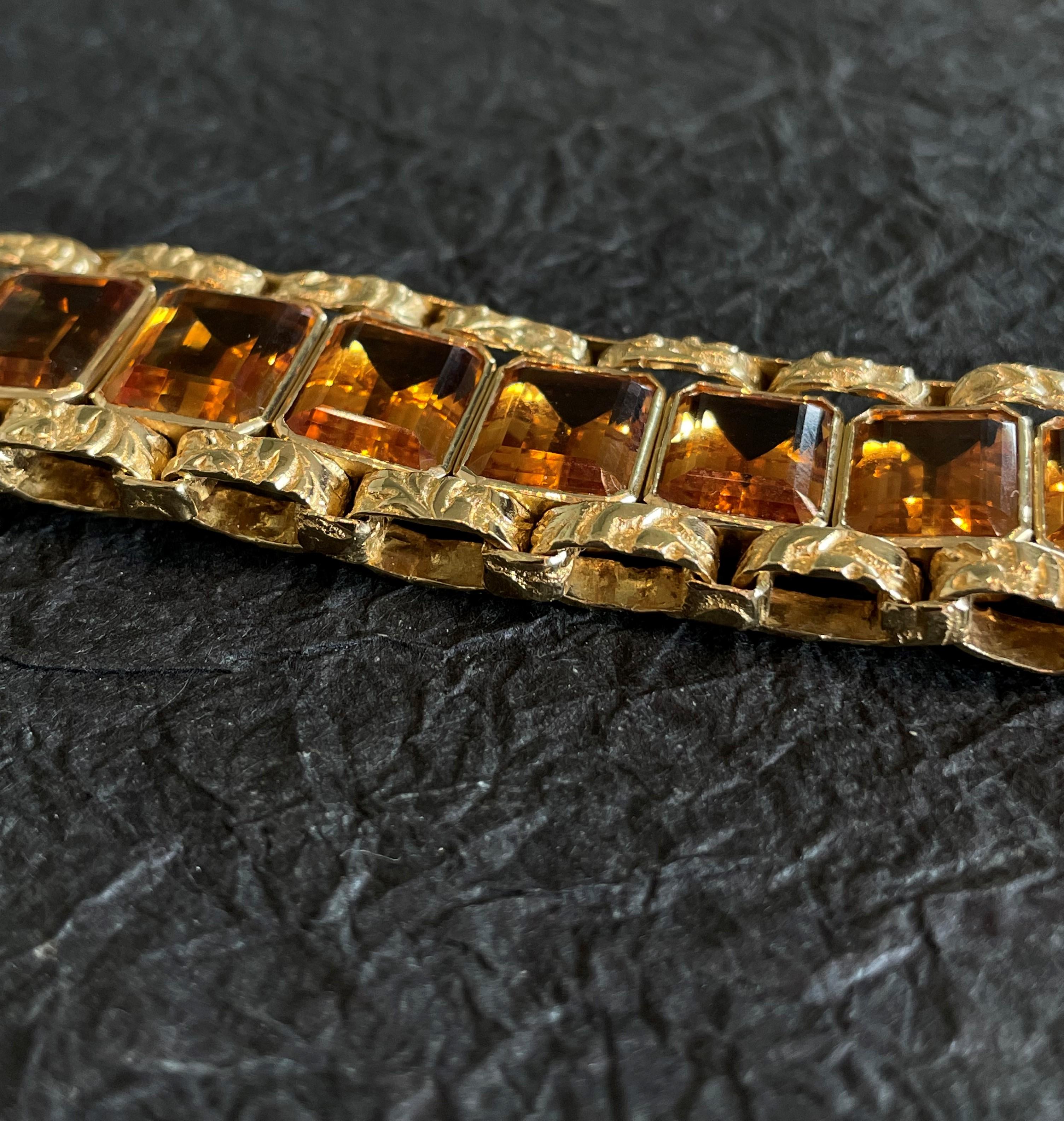 Emerald Cut Vintage Rosior Hand Chiseled Yellow Gold Bracelet Set with Yellow Topazes