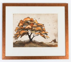 Vintage Hand Colored Etching of Tree