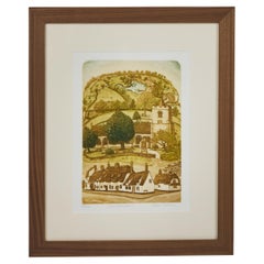 Litografia d'epoca colorata a mano sulla vita di un villaggio europeo, appena incorniciata