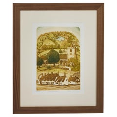 Vintage Hand Colored Lithograph of European Village Life, Newly Framed