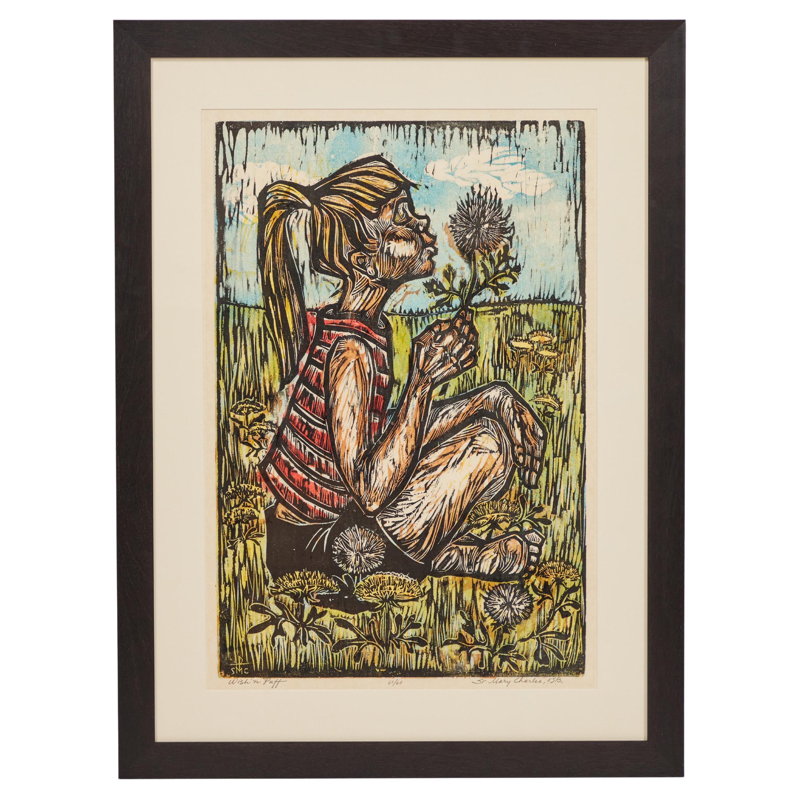 Vintage Hand-Colored Woodcut "Wish'n Puff", Signed by Artist For Sale