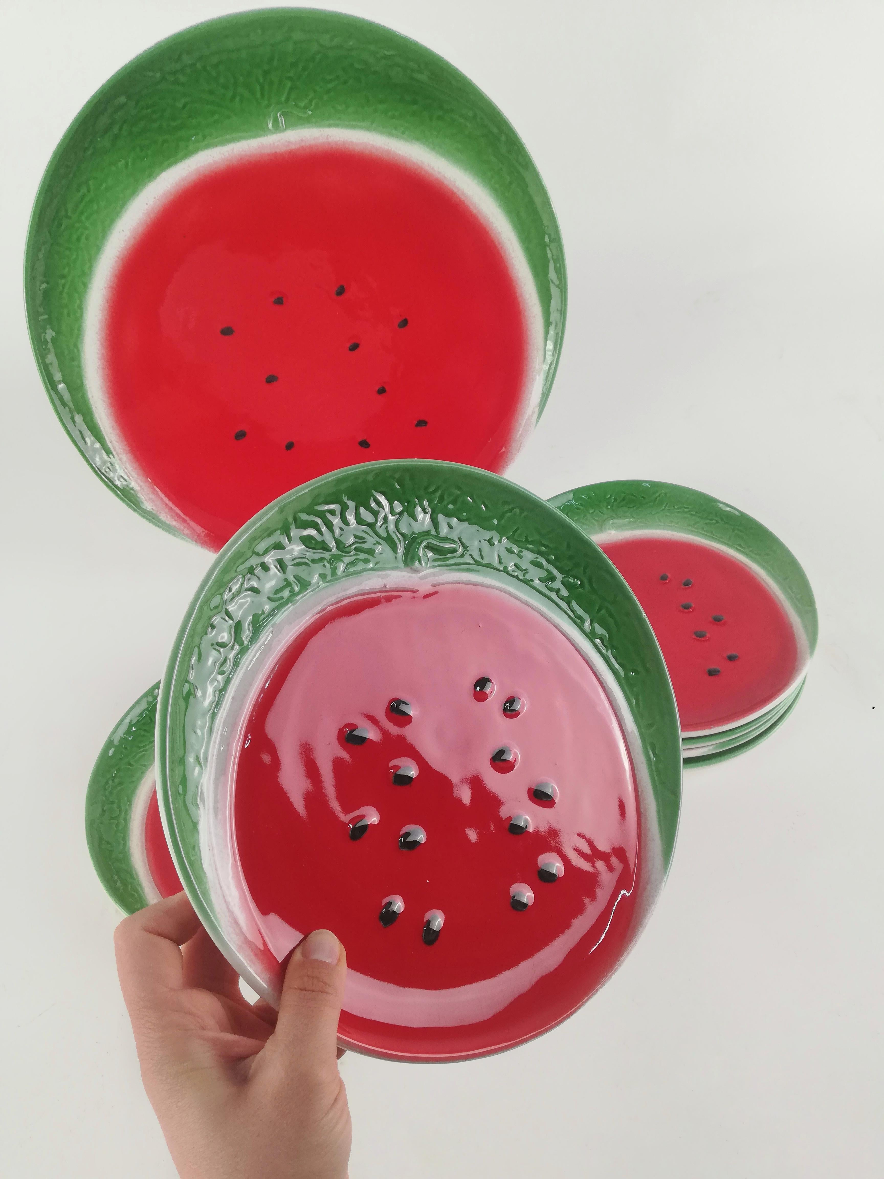 Hand-Crafted Vintage Handcrafted and Hand Painted Watermelon Plates, Italy, 1970s For Sale