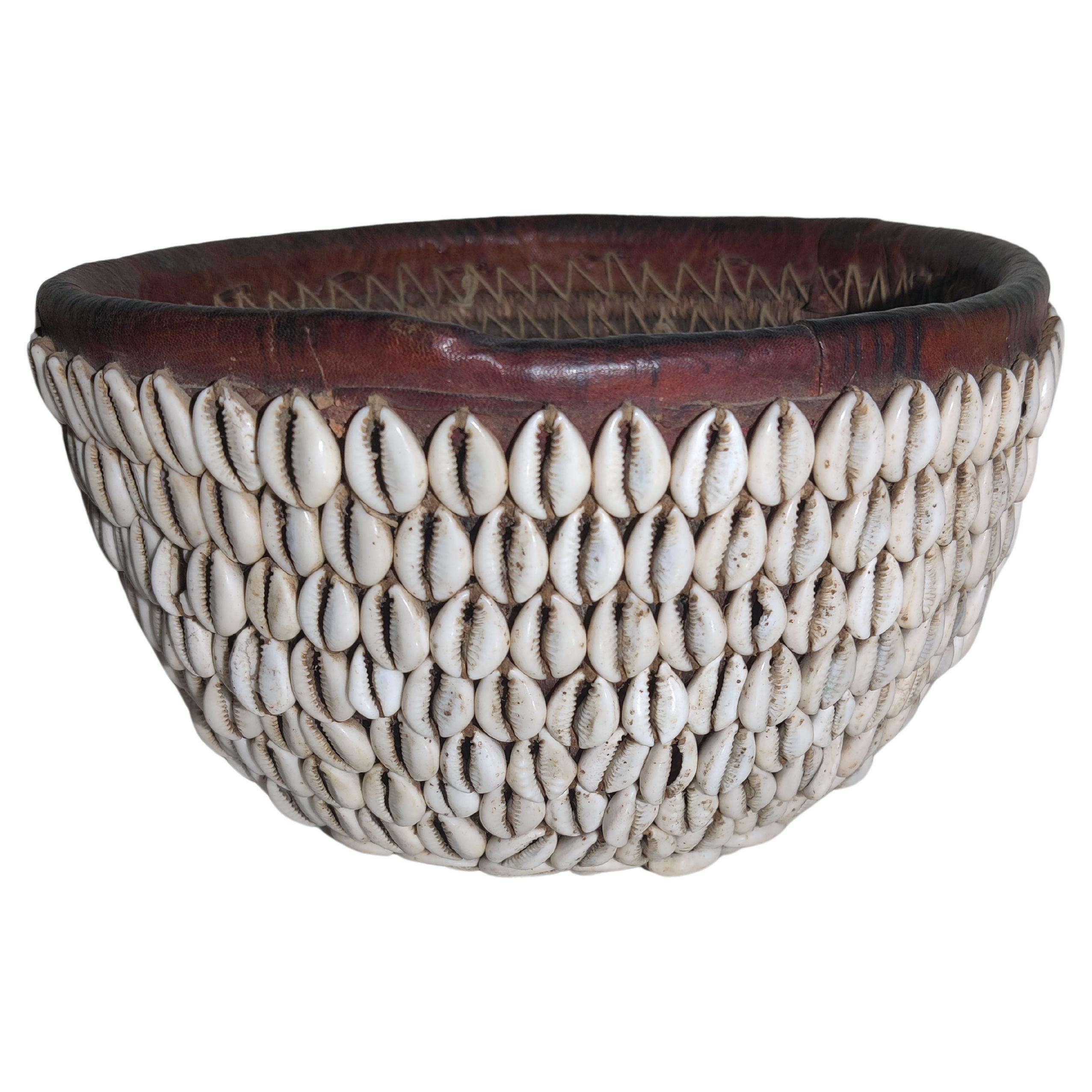 Vintage Hand-crafted Basket with Cowrie Shells For Sale