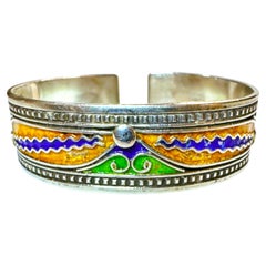 Vintage Hand Crafted Berber Enamel Sterling Silver Cuff with Tag